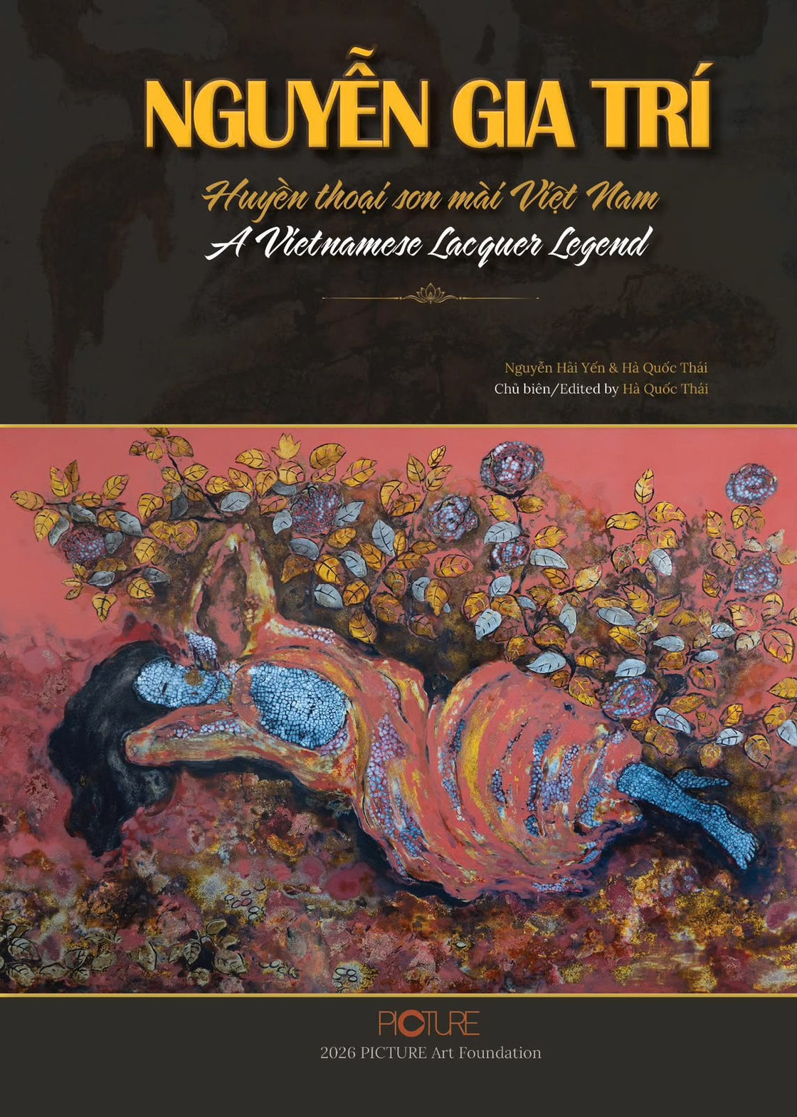 Dust jacket of the Deluxe Edition: a reclining figure modelled in coral and gold beneath branches of gold and silver roses, on a rose-red lacquer ground