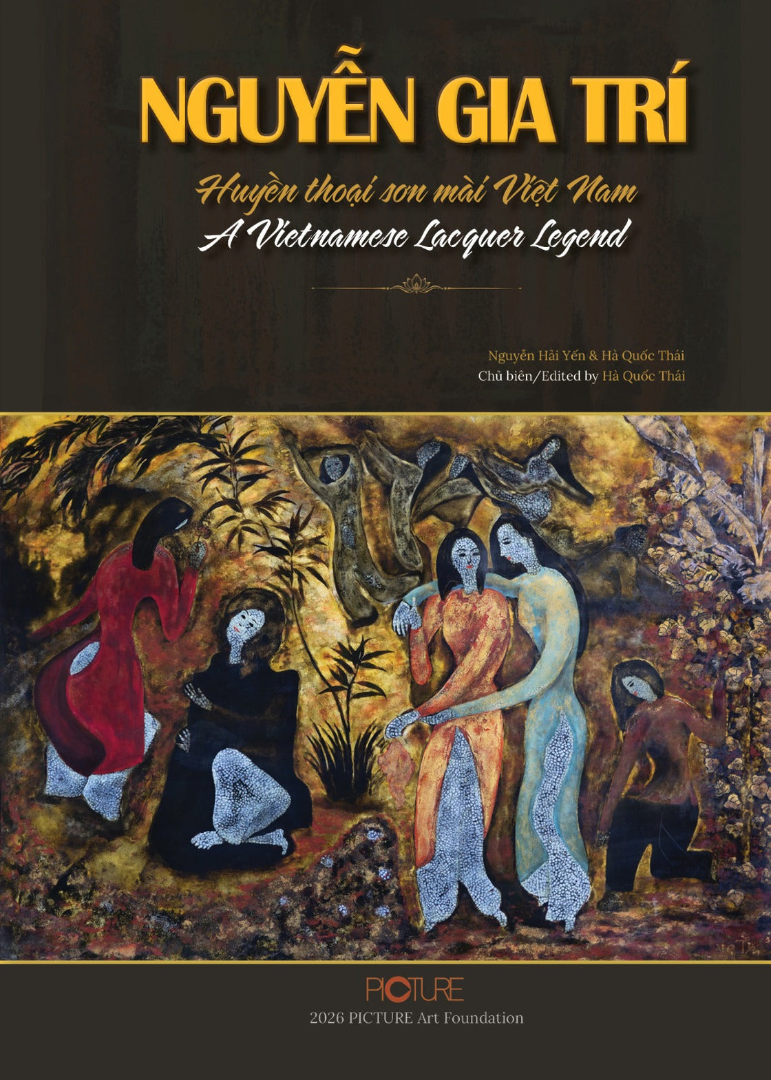 Dust jacket of the Standard Edition: women in red, blue and black robes gathered among figures and foliage on a ground of gold and dark lacquer